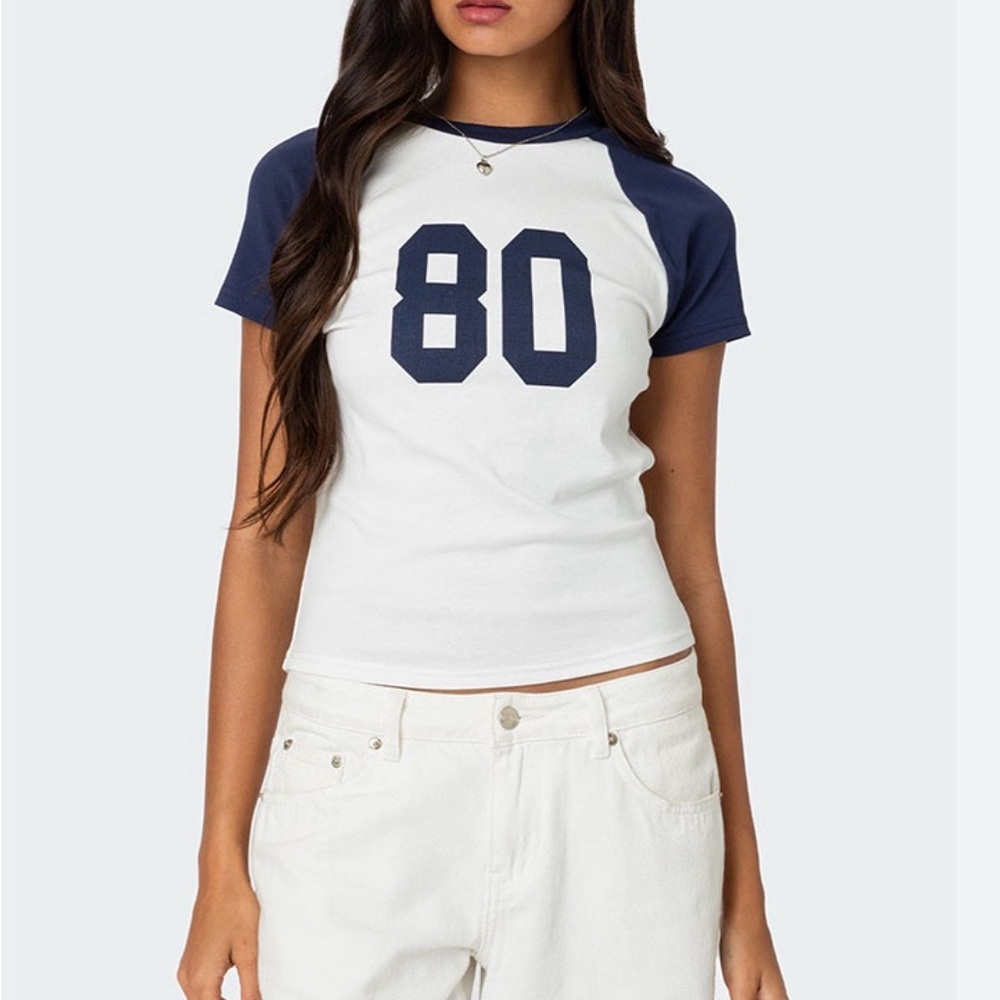 Edikted 80 Raglan T-Shirt White & Navy Short Sleeve Tee